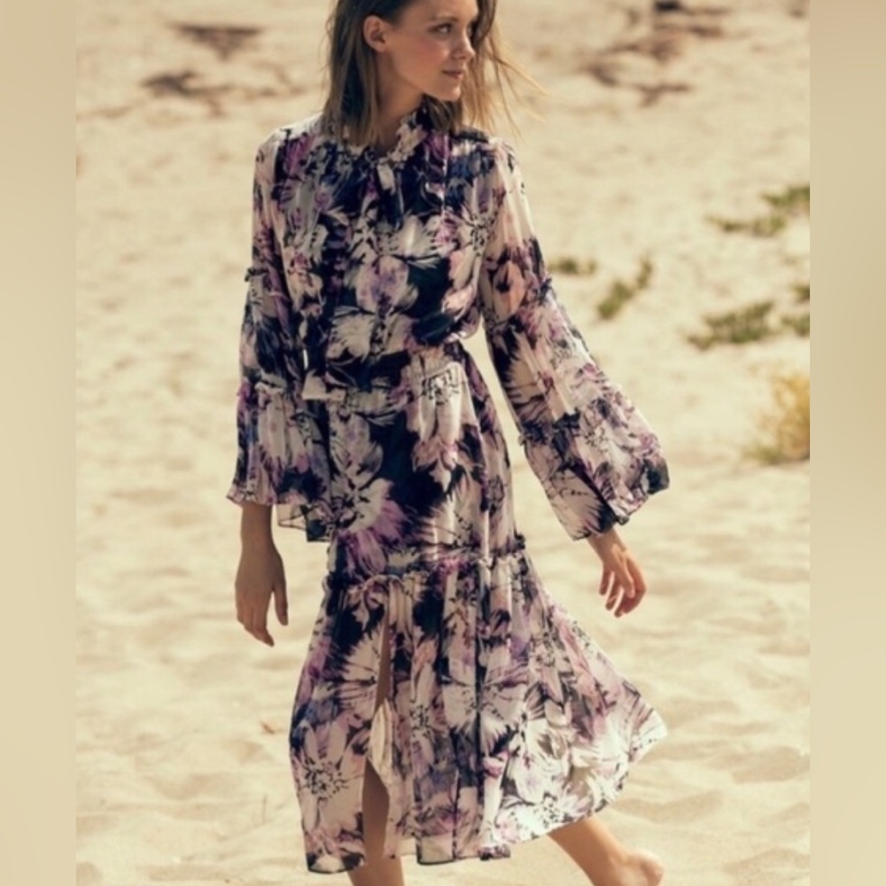 Misa Los Angeles Purple Floral Tie Neck Dress